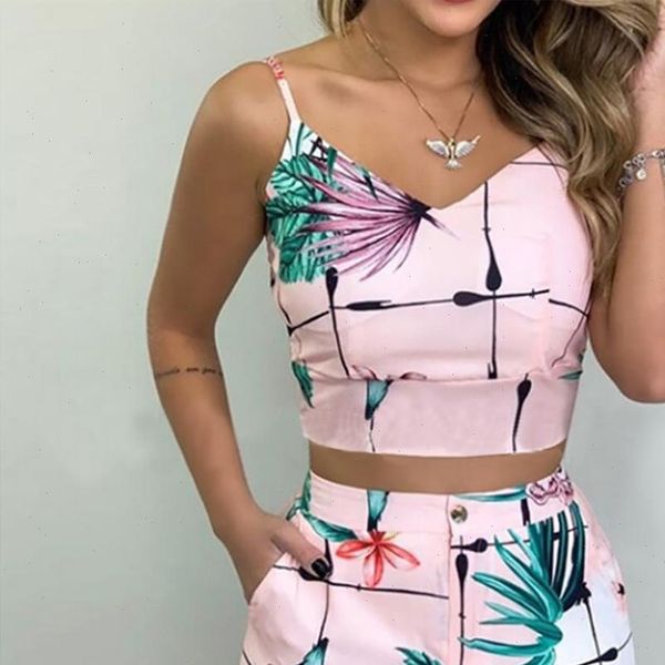 summer and shorts set womens pants floral printed sleeveless camis v neck crop outfits ladies beachwear ju4, White 
summer and shorts set womens pants floral printed sleeveless camis v neck crop outfits ladies beachwear ju4, White