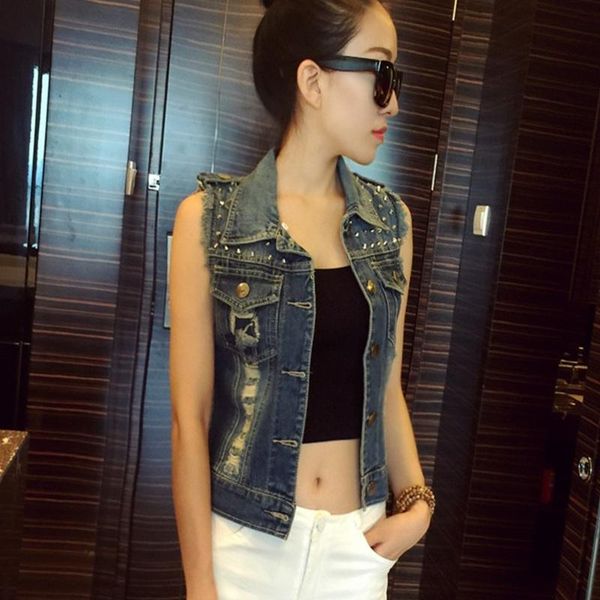women's vests denim vest women spring summer slim single breasted sleeveless jacket fashion rivet frayed vintage waistcoats s-2xl, Black;white
women's vests denim vest women spring summer slim single breasted sleeveless jacket fashion rivet frayed vintage waistcoats s-2xl, Black;white