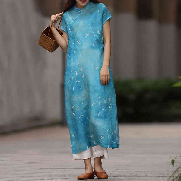 johnature women chinese style summer dresses ramie short sleeve cheongsam vintage hihg quality a-line stand dresses 210521, Black;gray 
johnature women chinese style summer dresses ramie short sleeve cheongsam vintage hihg quality a-line stand dresses 210521, Black;gray