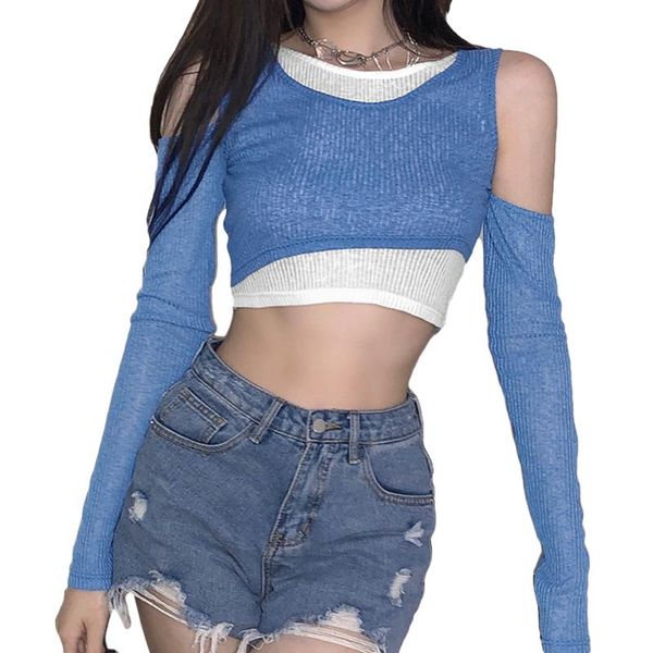 women's t-shirt women 2 in 1 patchwork color block crop round neck cold shoulder long sleeve slim knitwear short, White
women's t-shirt women 2 in 1 patchwork color block crop round neck cold shoulder long sleeve slim knitwear short, White