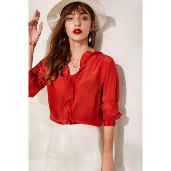 women's blouses & shirts ruffles v-neck natural silk blouse 100% mulberry long sleeve loose women basic autumn l xl, White
women's blouses & shirts ruffles v-neck natural silk blouse 100% mulberry long sleeve loose women basic autumn l xl, White