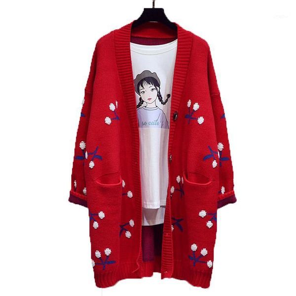 women's sweaters 2021 autumn winter cherry embroidery knit cardigan women long sleeve loose sweater female warm outerwear coat, White;black
women's sweaters 2021 autumn winter cherry embroidery knit cardigan women long sleeve loose sweater female warm outerwear coat, White;black