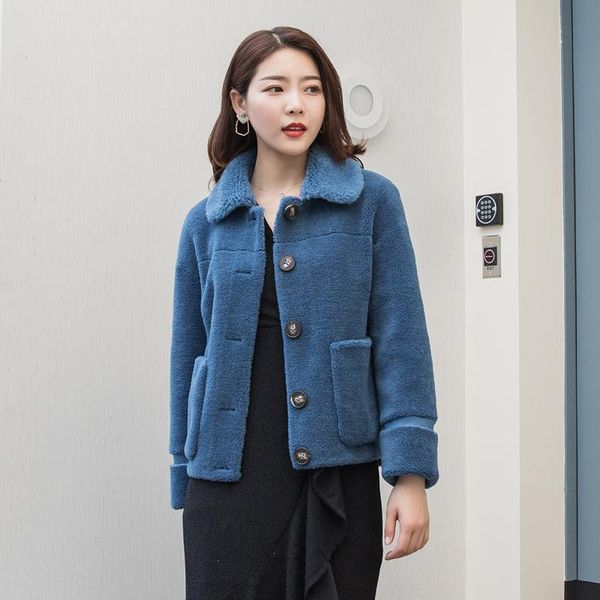 

women's fur & faux coat female sheep shearling korean autumn winter jacket women real wool coats abrigo mujer my3506, Black