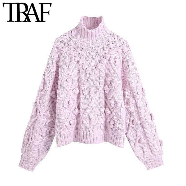 women fashion with pompoms loose knitted sweater vintage high neck long sleeve female pullovers chic 210507, White;black
women fashion with pompoms loose knitted sweater vintage high neck long sleeve female pullovers chic 210507, White;black
