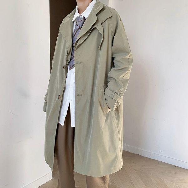men's mid length trench coat 2021 new handsome korean fashion black green windbreaker autumn loose big size long coat, Tan;black
men's mid length trench coat 2021 new handsome korean fashion black green windbreaker autumn loose big size long coat, Tan;black