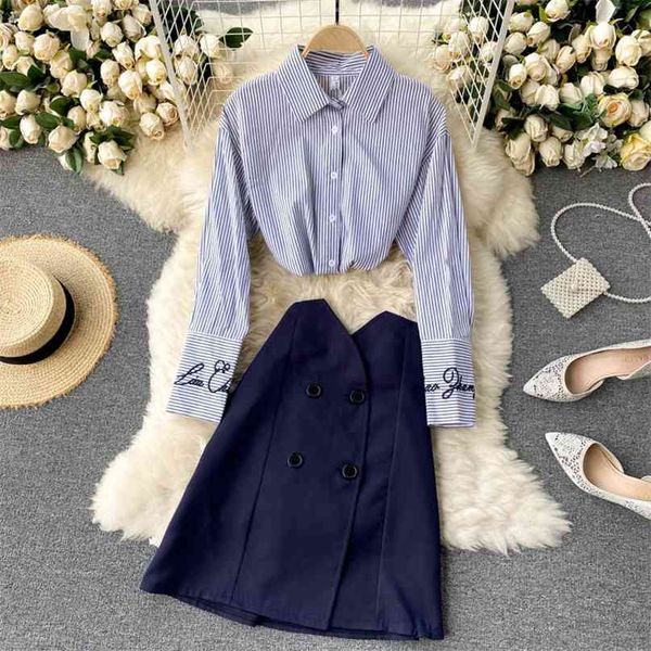 women office 2 piece set blue striped print letters embroidery long sleeve shirt + high waist double breasted a-line skirt suits 210603, White
women office 2 piece set blue striped print letters embroidery long sleeve shirt + high waist double breasted a-line skirt suits 210603, White