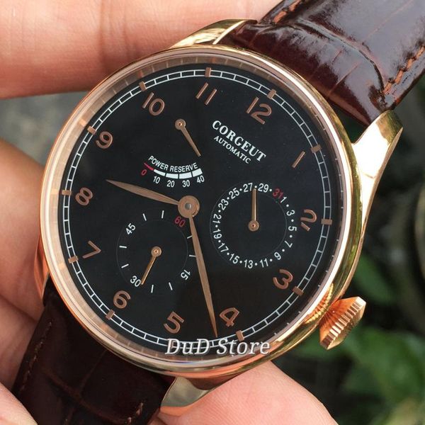 wristwatches corgeut 42mm men's mechanical watch stainless rose gold case black dial date leather strap power reserve automatic, Slivery;brown
wristwatches corgeut 42mm men's mechanical watch stainless rose gold case black dial date leather strap power reserve automatic, Slivery;brown