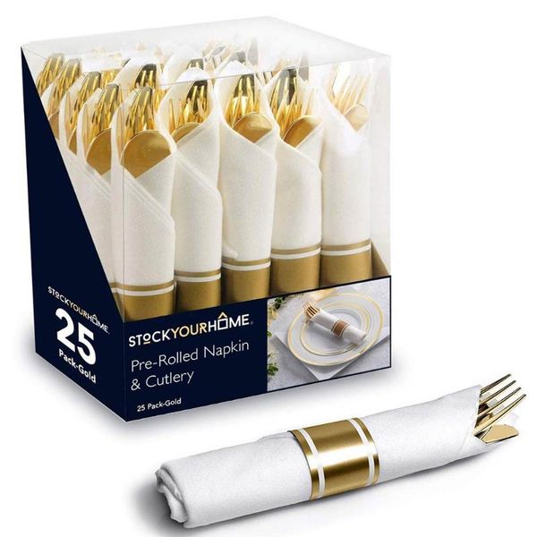 disposable dinnerware pre-rolled napkin and cutlery set 25-piece silverware suitable for catering events parties weddings (gold)
disposable dinnerware pre-rolled napkin and cutlery set 25-piece silverware suitable for catering events parties weddings (gold)