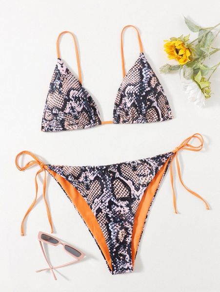 plus snakeskin print triangle tie side bikini swimsuit u8dd#, Black 
plus snakeskin print triangle tie side bikini swimsuit u8dd#, Black