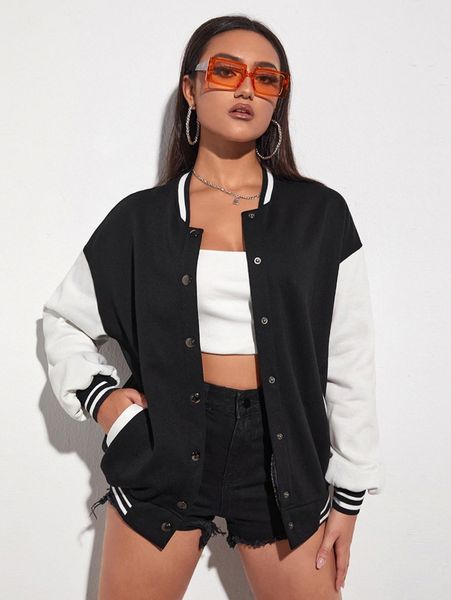 striped trim drop shoulder bomber jacket 660m#, Black;brown
striped trim drop shoulder bomber jacket 660m#, Black;brown