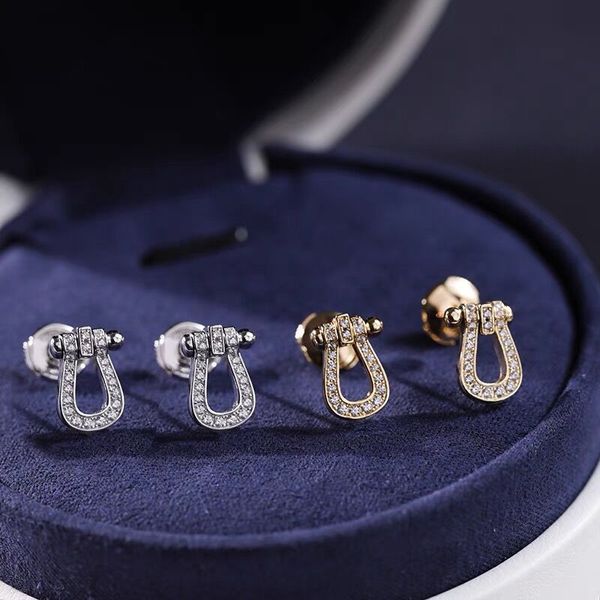 studs earrings f family horseshoe 925 sterling silver plated 18k gold full diamond buckle, Golden;silver