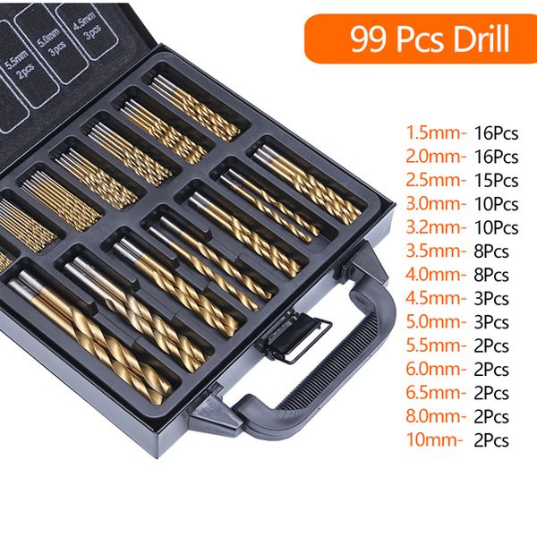 99pcs hss twist drill bit set 1.5-10mm titanium coated surface 118 degree for drilling wood thin metal diy home use with box
99pcs hss twist drill bit set 1.5-10mm titanium coated surface 118 degree for drilling wood thin metal diy home use with box