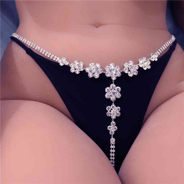 

wholesale new exquisite rhinestone petal body chains jewelry waist panties for women crystal underwear thong belly chain, Silver