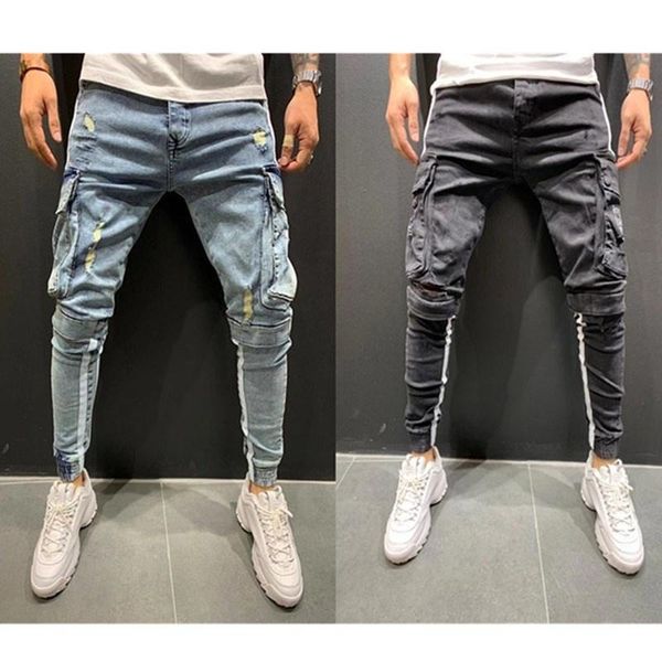 men's jeans side stripe pencil pants hip-hop trousers multi-pockets skinny jogging cargo, Blue
men's jeans side stripe pencil pants hip-hop trousers multi-pockets skinny jogging cargo, Blue