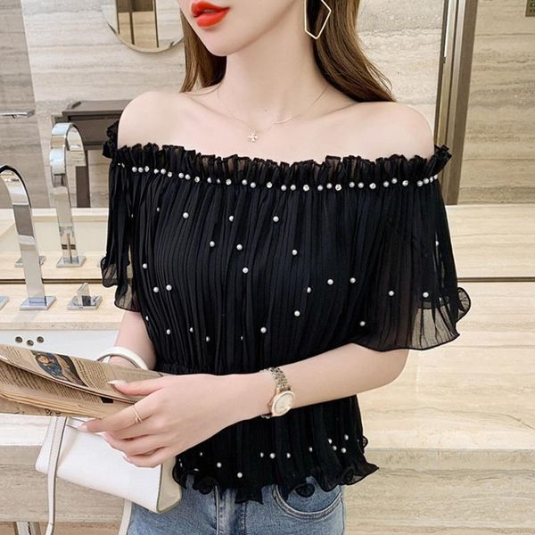 women's blouses & shirts 2021 summer women chiffon blouse slach neck beads pleated shirt slim waist sweet short sleeve crop blusa, White
women's blouses & shirts 2021 summer women chiffon blouse slach neck beads pleated shirt slim waist sweet short sleeve crop blusa, White