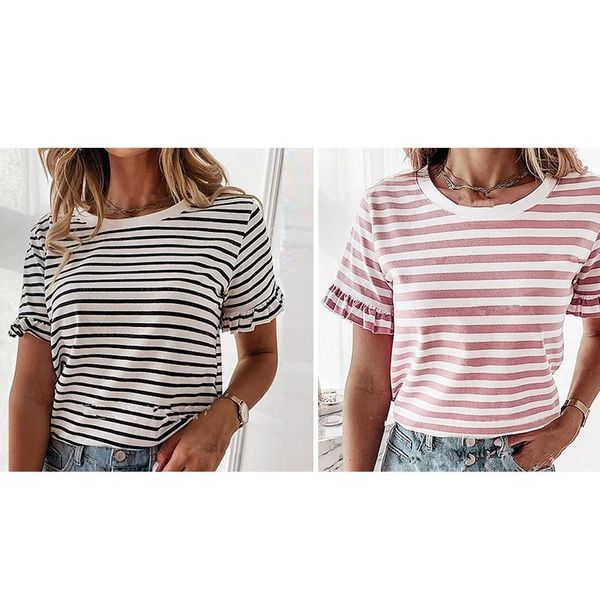 women's t-shirt summer striped simple style short-sleeved round neck top, White
women's t-shirt summer striped simple style short-sleeved round neck top, White