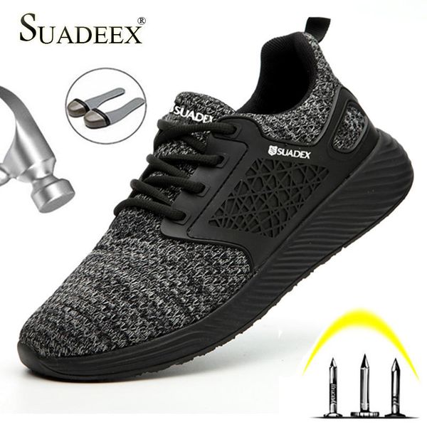 

suadeex men women safety shoes steel toe puncture proof work shoes lightweight outdoor breathable construction boots men, Black