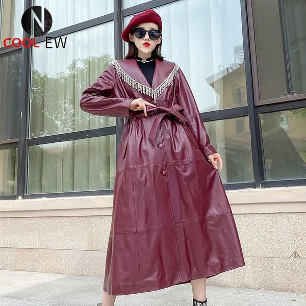 women's leather & faux vintage women diamonds tassels sheepskin trench coat 2021 fashion belted slim fit windbreaker ladies long genuin, Black
women's leather & faux vintage women diamonds tassels sheepskin trench coat 2021 fashion belted slim fit windbreaker ladies long genuin, Black