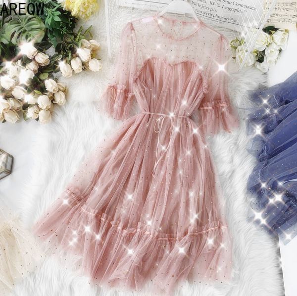 celebrity inspired sequined star mesh dress round neck short sleeve waist hugging lace-up dress 210507, Black;gray 
celebrity inspired sequined star mesh dress round neck short sleeve waist hugging lace-up dress 210507, Black;gray