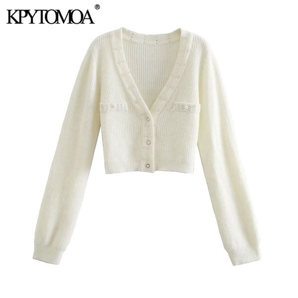 women fashion faux pearl beading cropped knitted cardigan sweater vintage long sleeve female outerwear chic 210420, White;black
women fashion faux pearl beading cropped knitted cardigan sweater vintage long sleeve female outerwear chic 210420, White;black