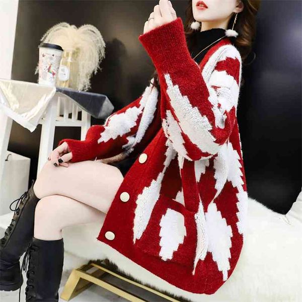 diamond-shaped lattice pattern cardigan sweater women lazy v-neck long-sleeved single-breasted mid-length knitted female 210427, White;black
diamond-shaped lattice pattern cardigan sweater women lazy v-neck long-sleeved single-breasted mid-length knitted female 210427, White;black