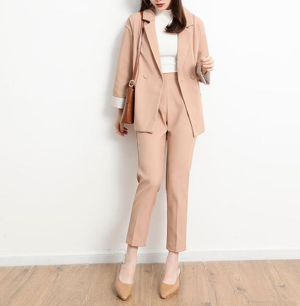 women's two piece pants 2021 spring autumn fashion suits 2 set for women double breasted blazer jacket & trouser ol suit feminino ws228, White