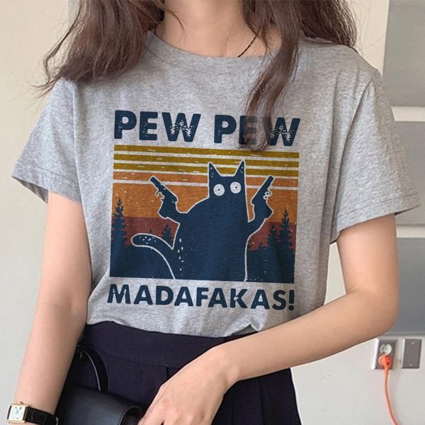 oversized pew madafakas murderous women t shirts black cat with gun funny print halloween femme tee gray, White 
oversized pew madafakas murderous women t shirts black cat with gun funny print halloween femme tee gray, White