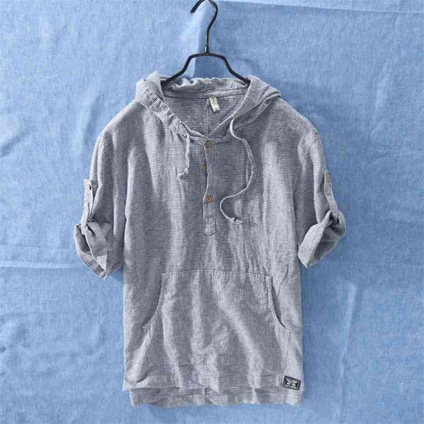 men summer fashion japan style cotton linen short sleeve hooded stripe casual t-shirts student male casual tee 210707, White;black
men summer fashion japan style cotton linen short sleeve hooded stripe casual t-shirts student male casual tee 210707, White;black
