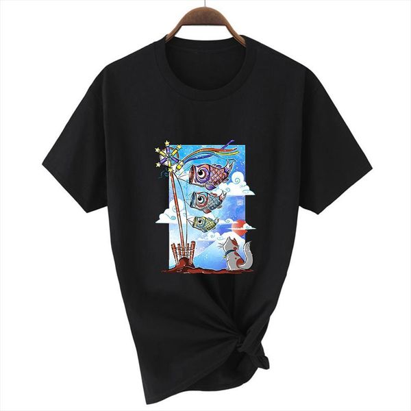 print loose harajuku men t shirts and women with retro cat watching carp summer graphic, White;black
print loose harajuku men t shirts and women with retro cat watching carp summer graphic, White;black
