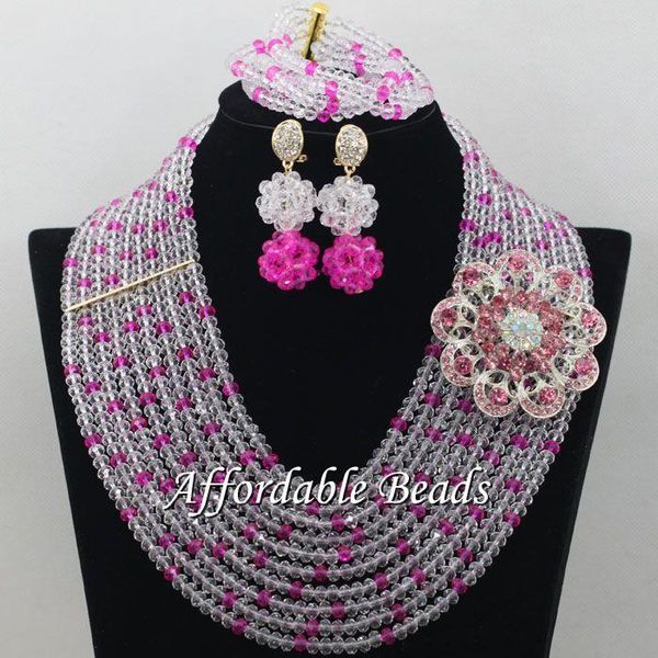 earrings & necklace white&fuschia wedding set luxury jewelry handmade item wholesale abe146, Silver