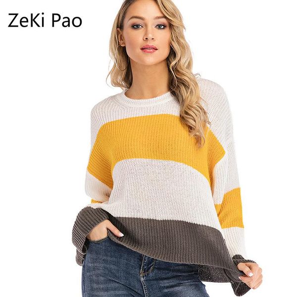 women's sweaters round neck striped loose pullovers autumn winter women fashion knit pullover, White;black
women's sweaters round neck striped loose pullovers autumn winter women fashion knit pullover, White;black