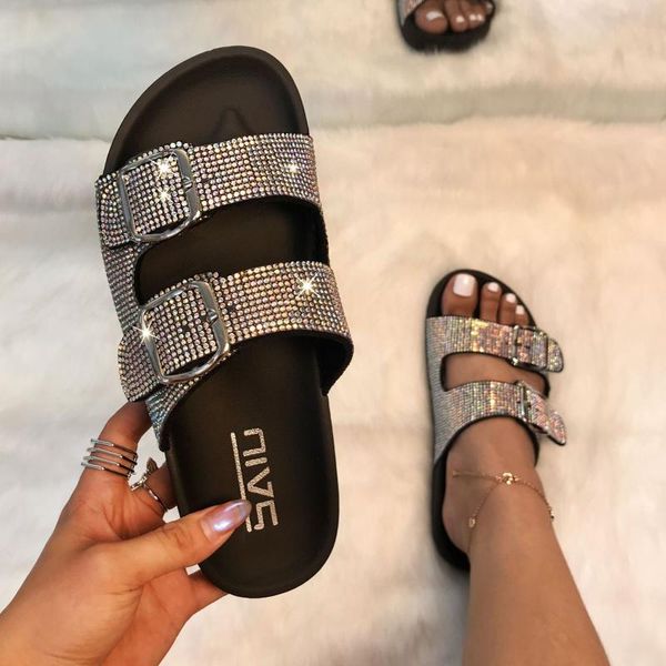 summer women's slippers fashion color double buckle rhinestones flat-bottom sandals women outdoor beach, Black
summer women's slippers fashion color double buckle rhinestones flat-bottom sandals women outdoor beach, Black
