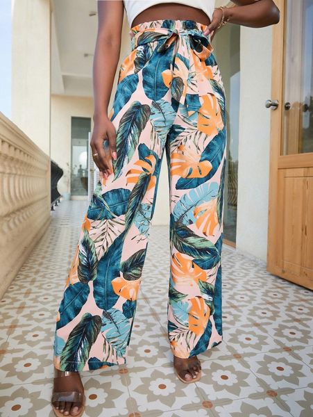 tropical print paperbag waist knot front wide leg pants m1af#, Black;white
