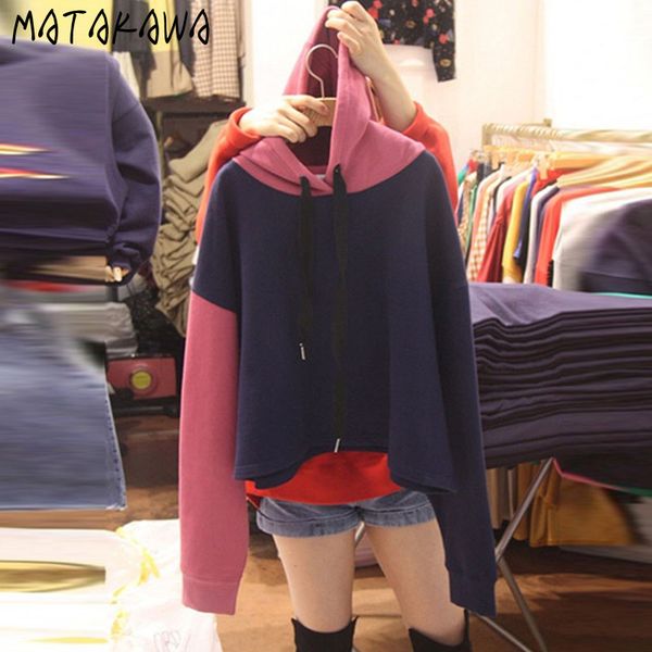 matakawa fashion korean color matching sweatshirt drawstring hooded women autumn and winter hoodie loose simple 210513, Black 
matakawa fashion korean color matching sweatshirt drawstring hooded women autumn and winter hoodie loose simple 210513, Black