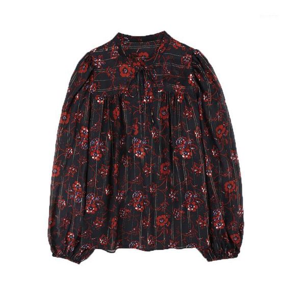ElfStyle 100% Silk Golden Thread Floral Printed Long Sleeve Thin Transparent Blouse Shirt Top - Women Quality Women's Blouses & Shirts, White