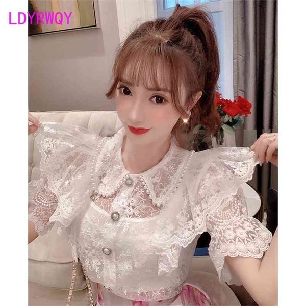 french retro lace shirt women's summer air hollows were thin short sleeves turn-down collar solid 210416, White
french retro lace shirt women's summer air hollows were thin short sleeves turn-down collar solid 210416, White