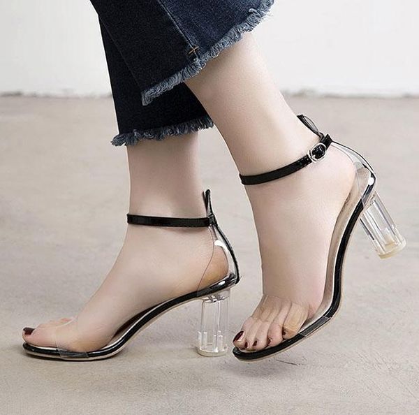 transparent block heel sandals for women high open toe ankle strap femal pumps party, Black
transparent block heel sandals for women high open toe ankle strap femal pumps party, Black