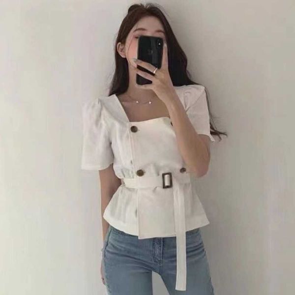 koeran chic elegant wild white square collar double breasted shirts women slim waist lace up summer black blouse 210610
koeran chic elegant wild white square collar double breasted shirts women slim waist lace up summer black blouse 210610