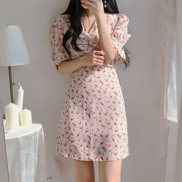 dresses summer sweet retro v neck puff sleeve floral print chiffon dress women above knee girls style korean slim vestidos 210610, Black;gray