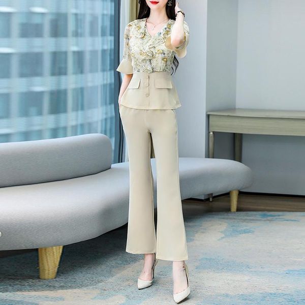 women women's set summer ruffles sleeve spliced print & elastic waist flare pants suit two piece office lady outfits, White
women women's set summer ruffles sleeve spliced print & elastic waist flare pants suit two piece office lady outfits, White