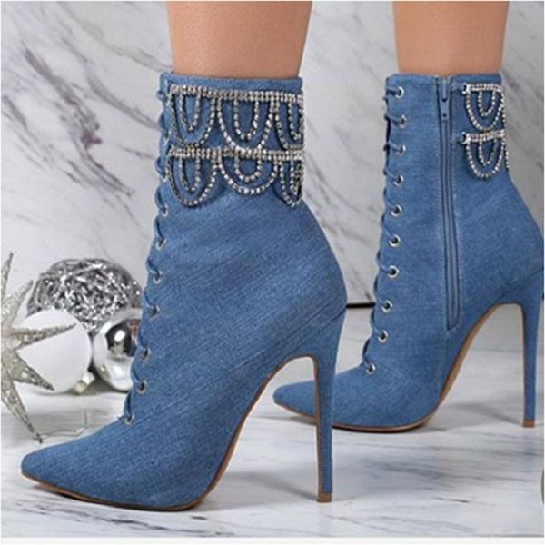 boots spring cowboy rhinestone chain pointed stiletto high heel lace-up short large size elegant all-match women's thin, Black
boots spring cowboy rhinestone chain pointed stiletto high heel lace-up short large size elegant all-match women's thin, Black