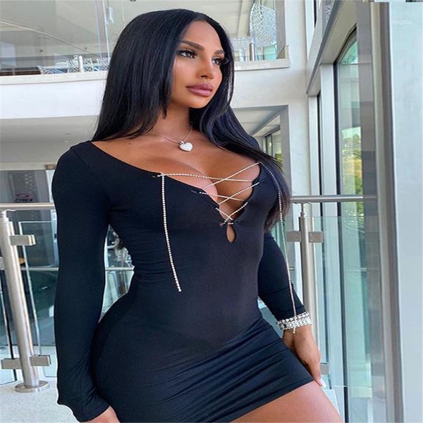 women long sleeve dress cross straps chest deep v neck skinny design slim fit clothing chain bag hip skirt1, Black;gray
women long sleeve dress cross straps chest deep v neck skinny design slim fit clothing chain bag hip skirt1, Black;gray