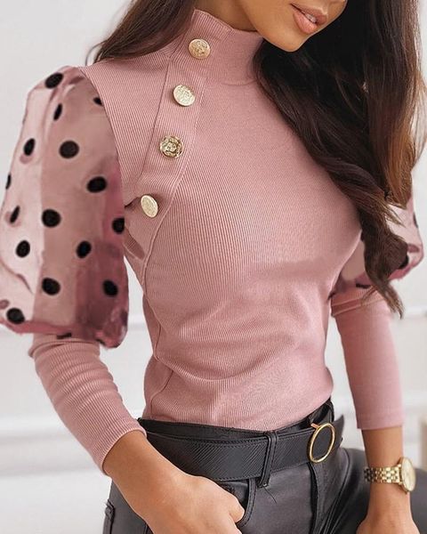women's blouses & shirts women mesh dot patchwork puffed sleeve buttoned blouse, White
women's blouses & shirts women mesh dot patchwork puffed sleeve buttoned blouse, White