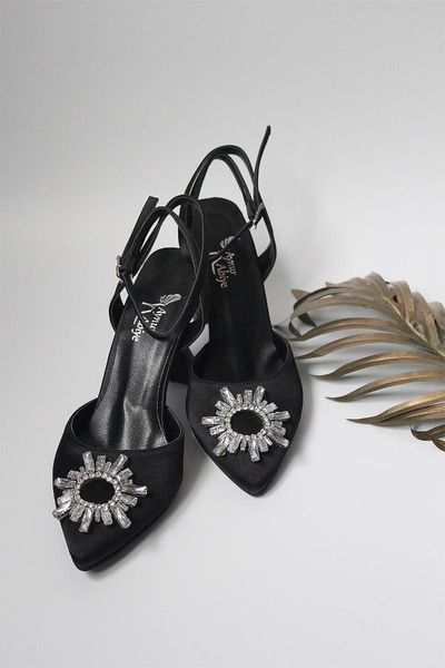 dress shoes women's evening stylish fashion black satin sun stone detailed heels