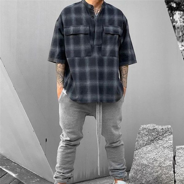 men's casual shirts 2021 summer men essential shirt short sleeve plaid stand collar loose high street women blouse quality, White;black
men's casual shirts 2021 summer men essential shirt short sleeve plaid stand collar loose high street women blouse quality, White;black