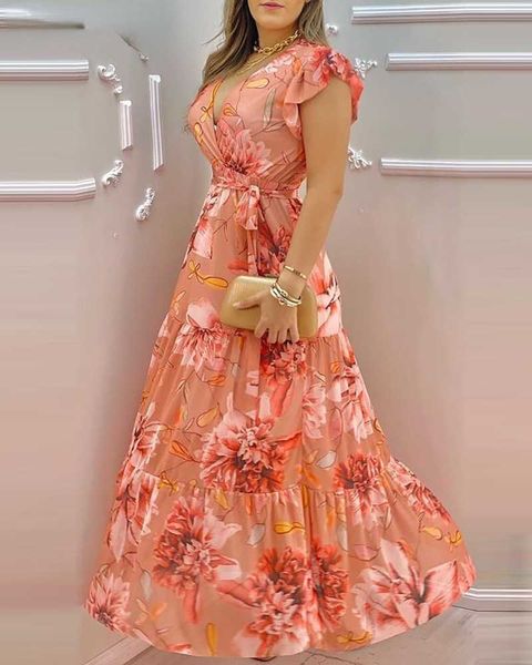 women's v-neck ruffle sleeve floral print chiffon slim long dress y1006, Black;gray 
women's v-neck ruffle sleeve floral print chiffon slim long dress y1006, Black;gray