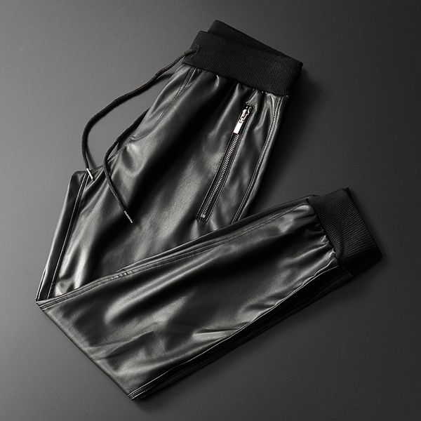 men's pants thoshine brand men leather superior quality elastic waist jogger zipper pockets male faux trousers slim fit 6uml, Black
men's pants thoshine brand men leather superior quality elastic waist jogger zipper pockets male faux trousers slim fit 6uml, Black
