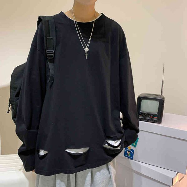 men's t-shirts cotton t-shirt, fashionable long sleeve shirt for men, big spring shirt, casual tee with a hole fn35, White;black 
men's t-shirts cotton t-shirt, fashionable long sleeve shirt for men, big spring shirt, casual tee with a hole fn35, White;black