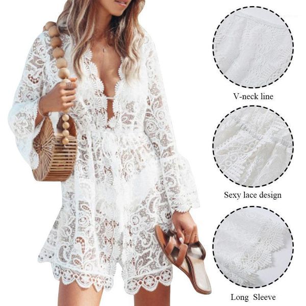 women's swimwear summer 2021 suits long sleeves bathing suit women see through v-neck dresses lace cover-ups swimsuit robe, White;black
women's swimwear summer 2021 suits long sleeves bathing suit women see through v-neck dresses lace cover-ups swimsuit robe, White;black