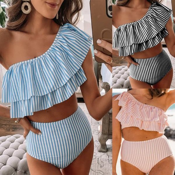 women's swimwear women one shoulder bandeau two pieces bikini set striped print swimsuit beachwear high waist ruffled, White;black
women's swimwear women one shoulder bandeau two pieces bikini set striped print swimsuit beachwear high waist ruffled, White;black